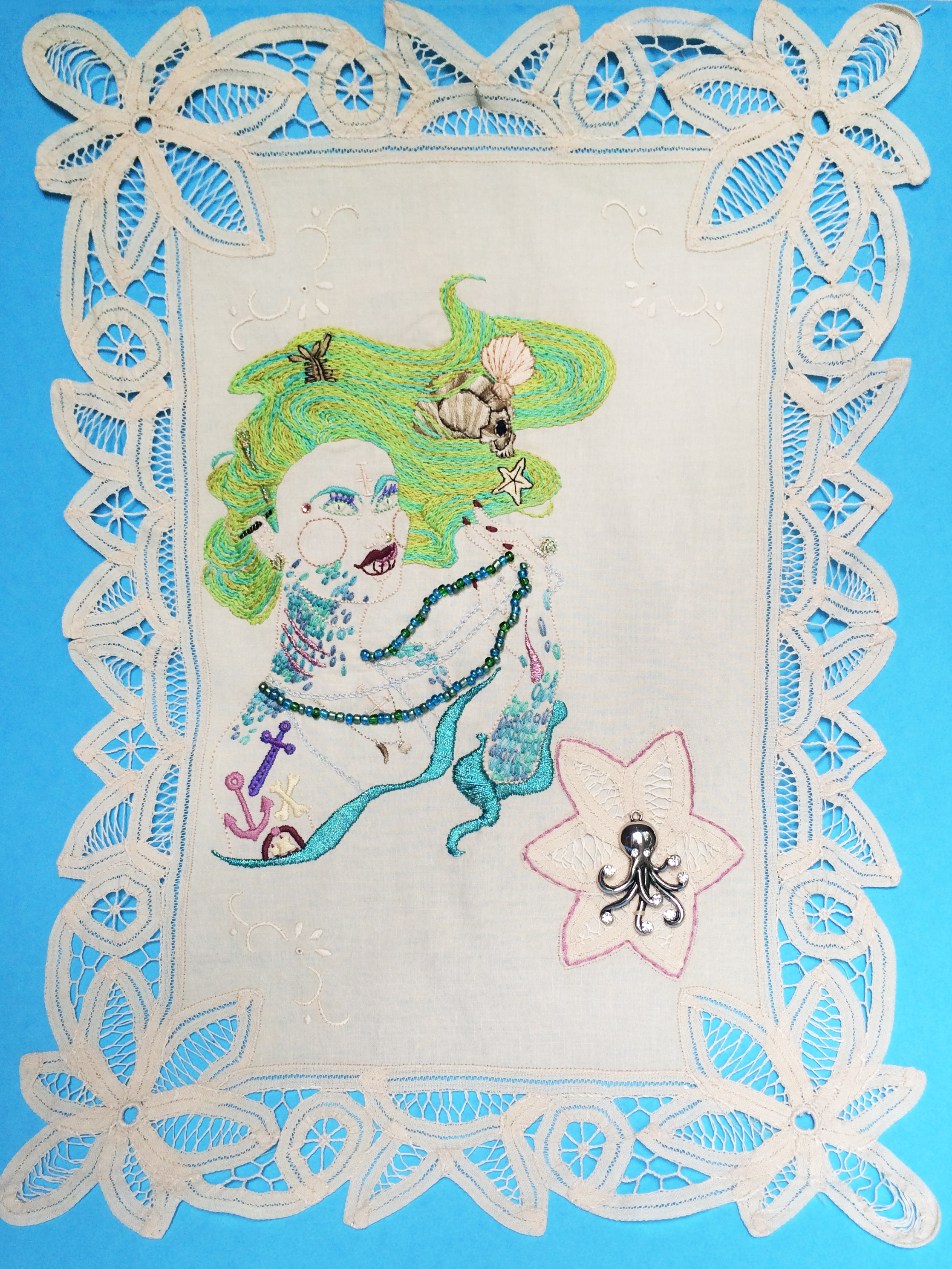 Mermaid , Embroidered Illustration on Vintage Lace. 21"x15" . 2016.