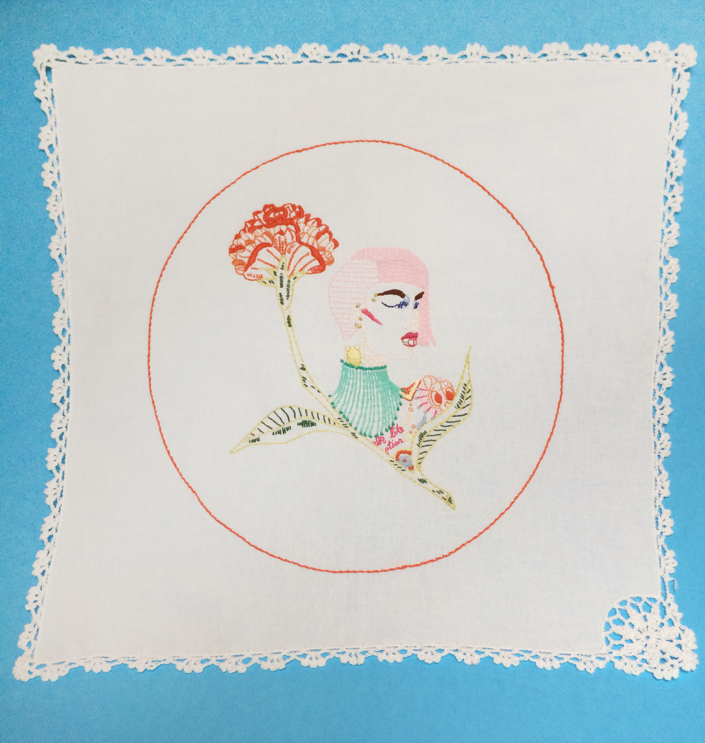 Nile , Embroidered Illustration on Vintage Lace. 17"x17" . 2015.
