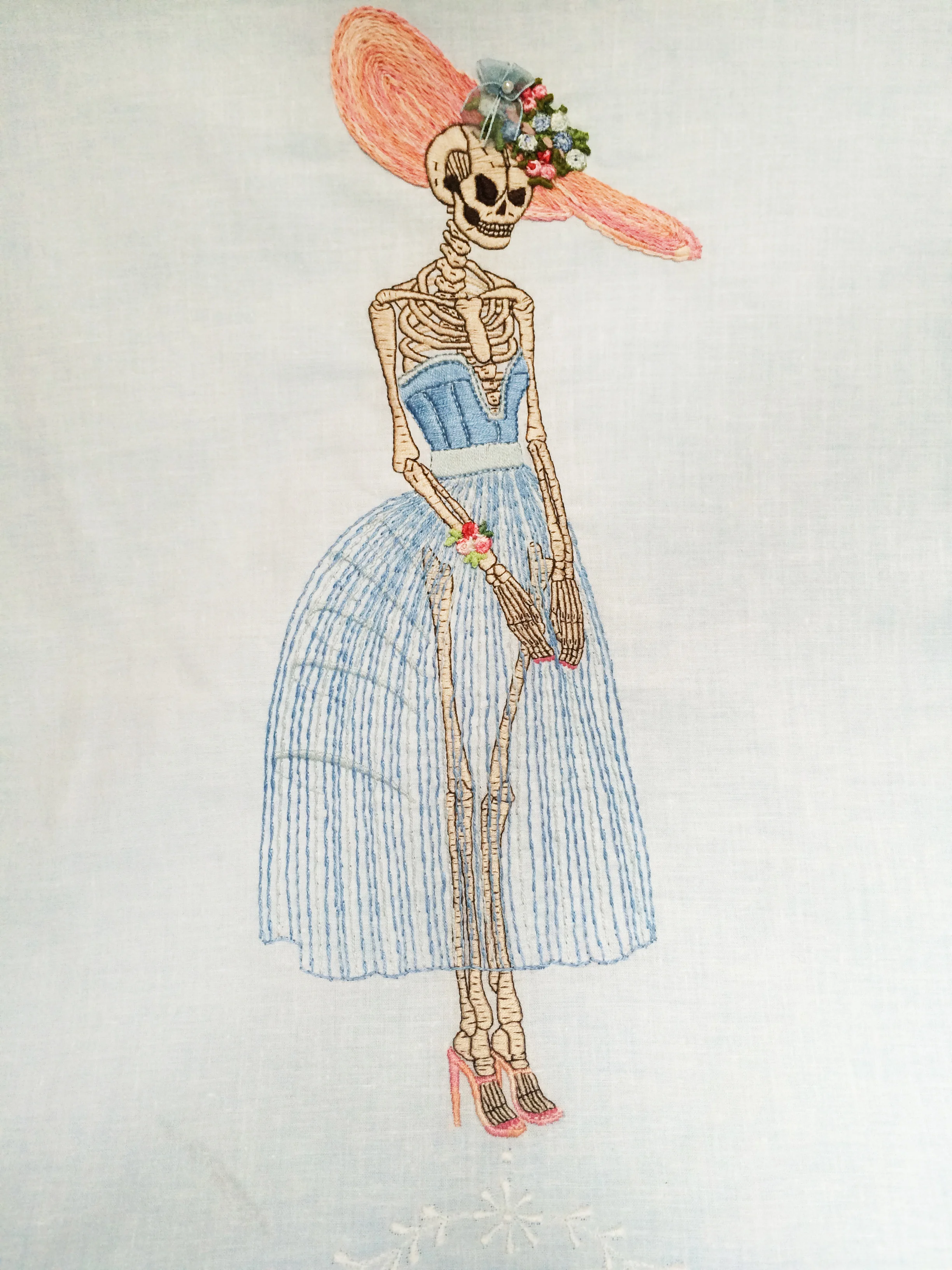 Skeleton, Embroidered Illustration on Vintage Lace. 20"x15" . 2015.