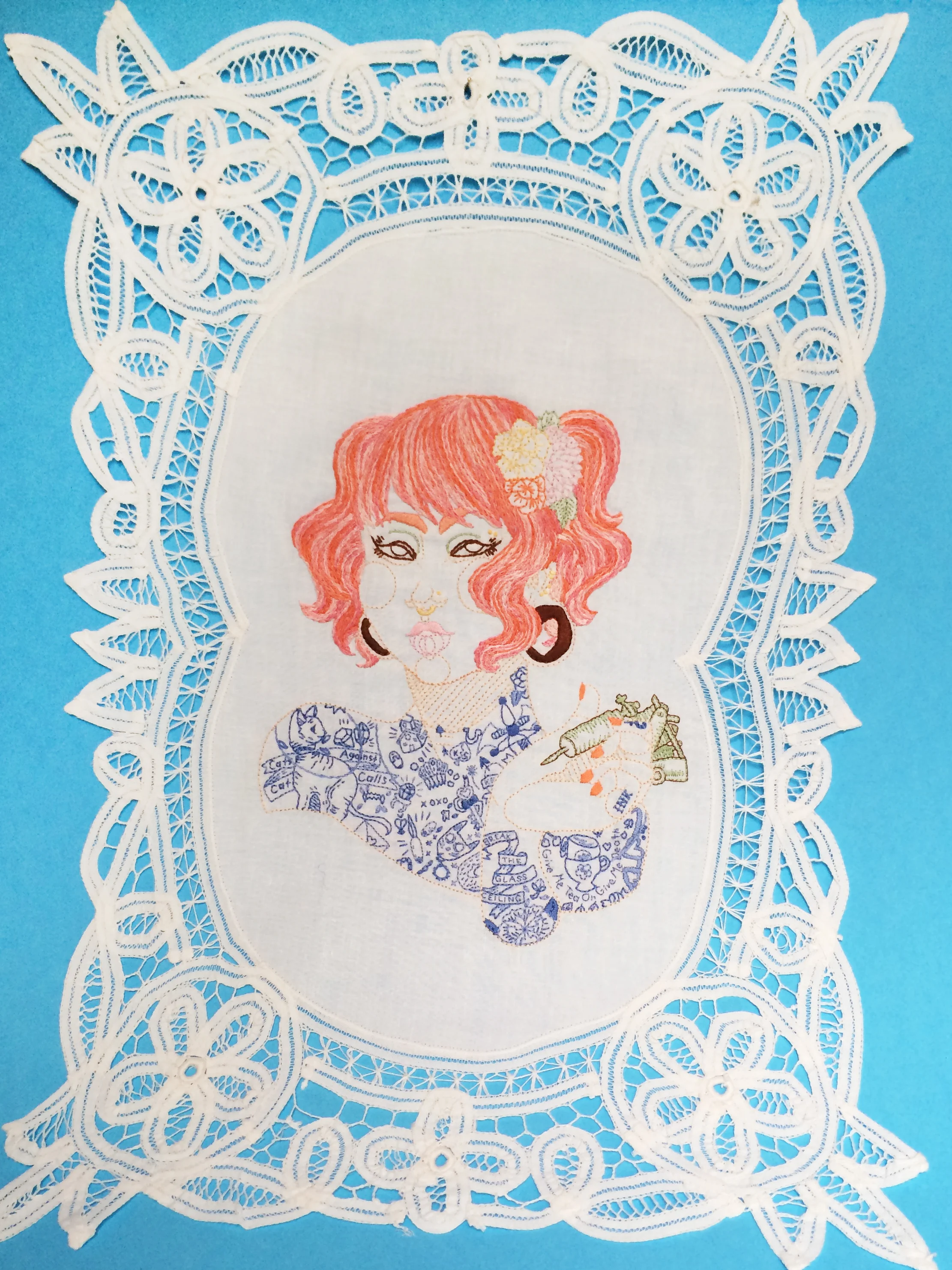 Sophomore, Embroidered Illustration on Vintage Lace. 20"x14" . 2015.