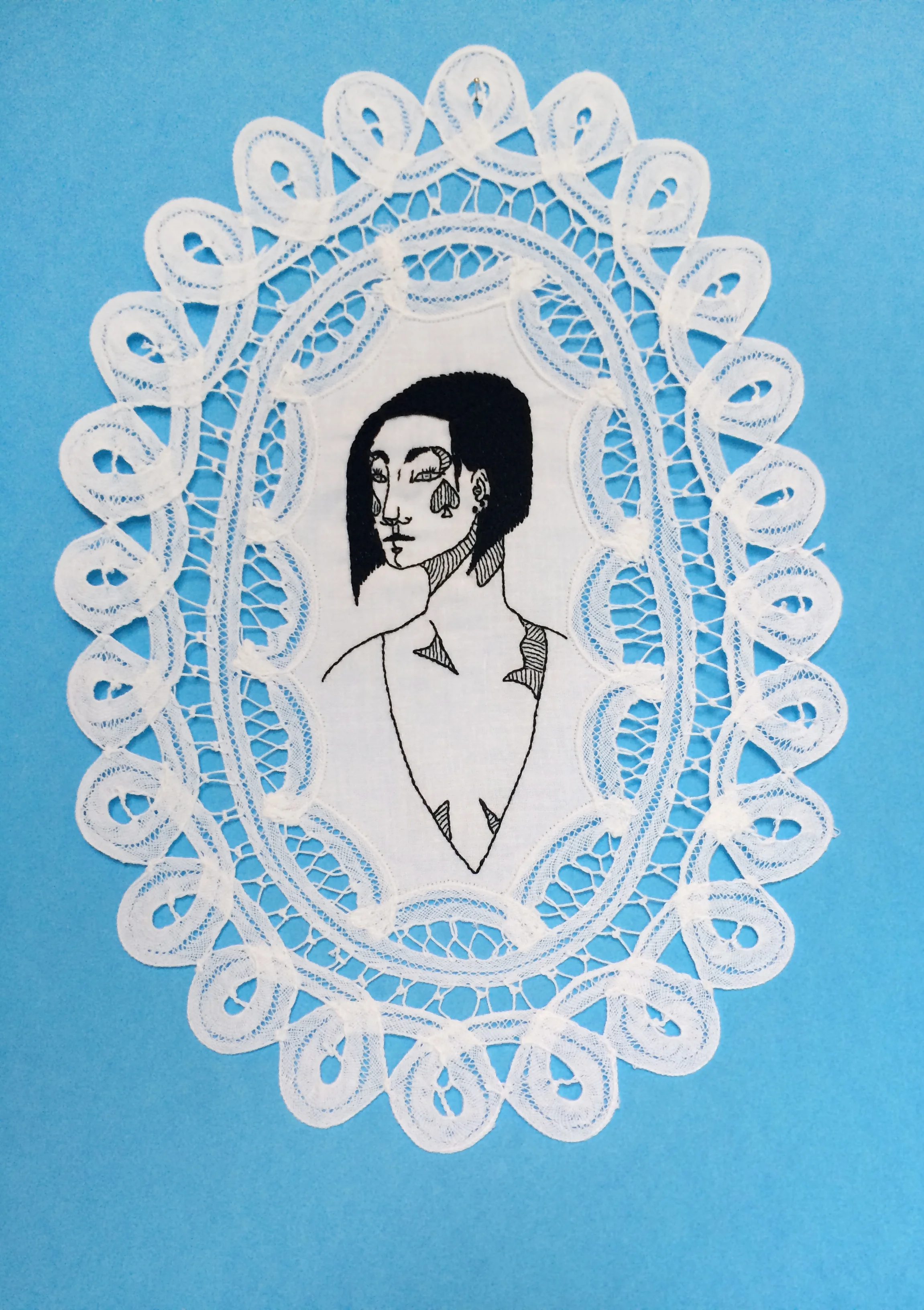 Queen of Spades, Embroidered Illustration on Vintage Lace. 9"x12" . 2016.