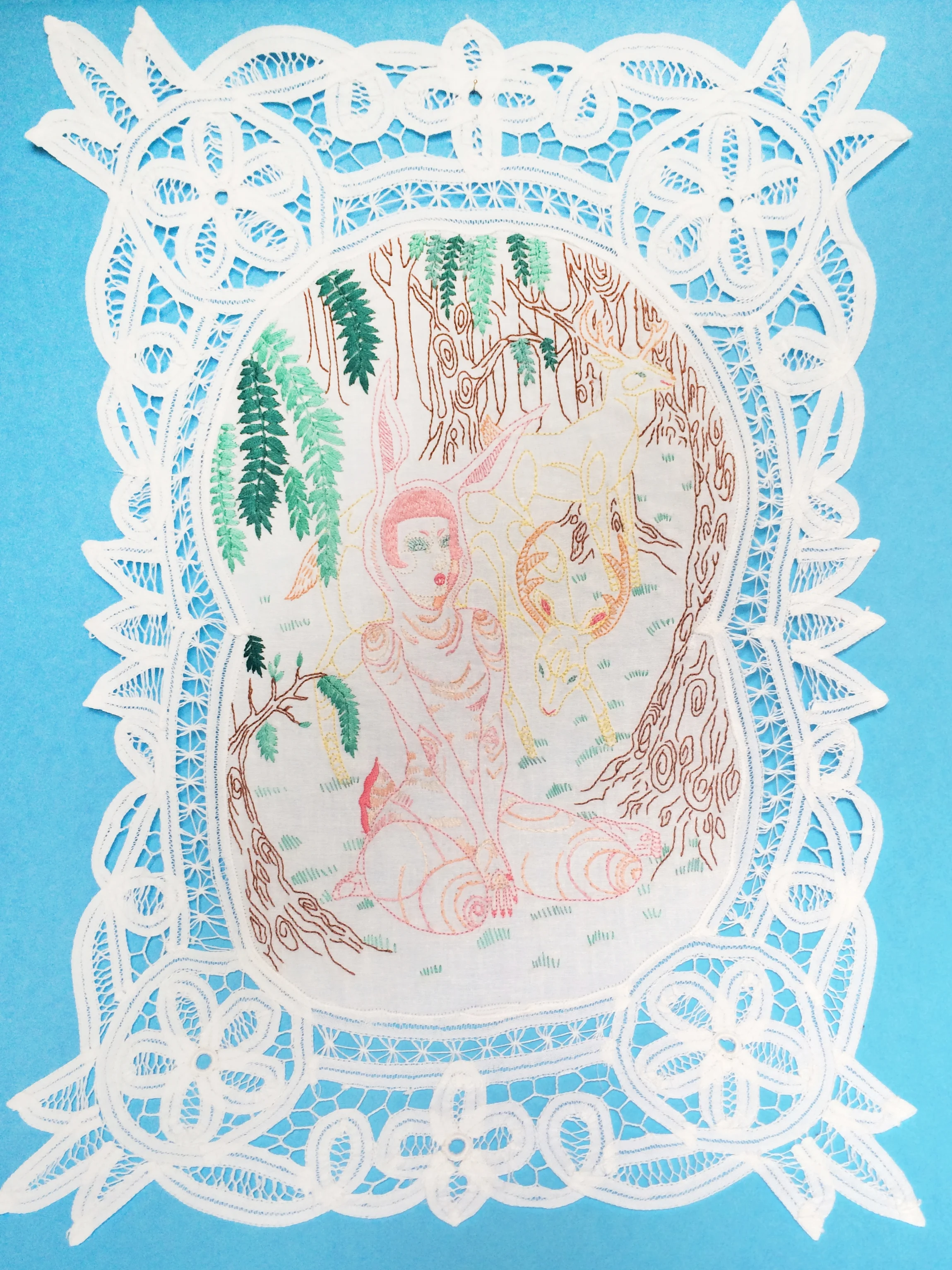 Bambi, Embroidered Illustration on Vintage Lace. 20"x14". 2016.