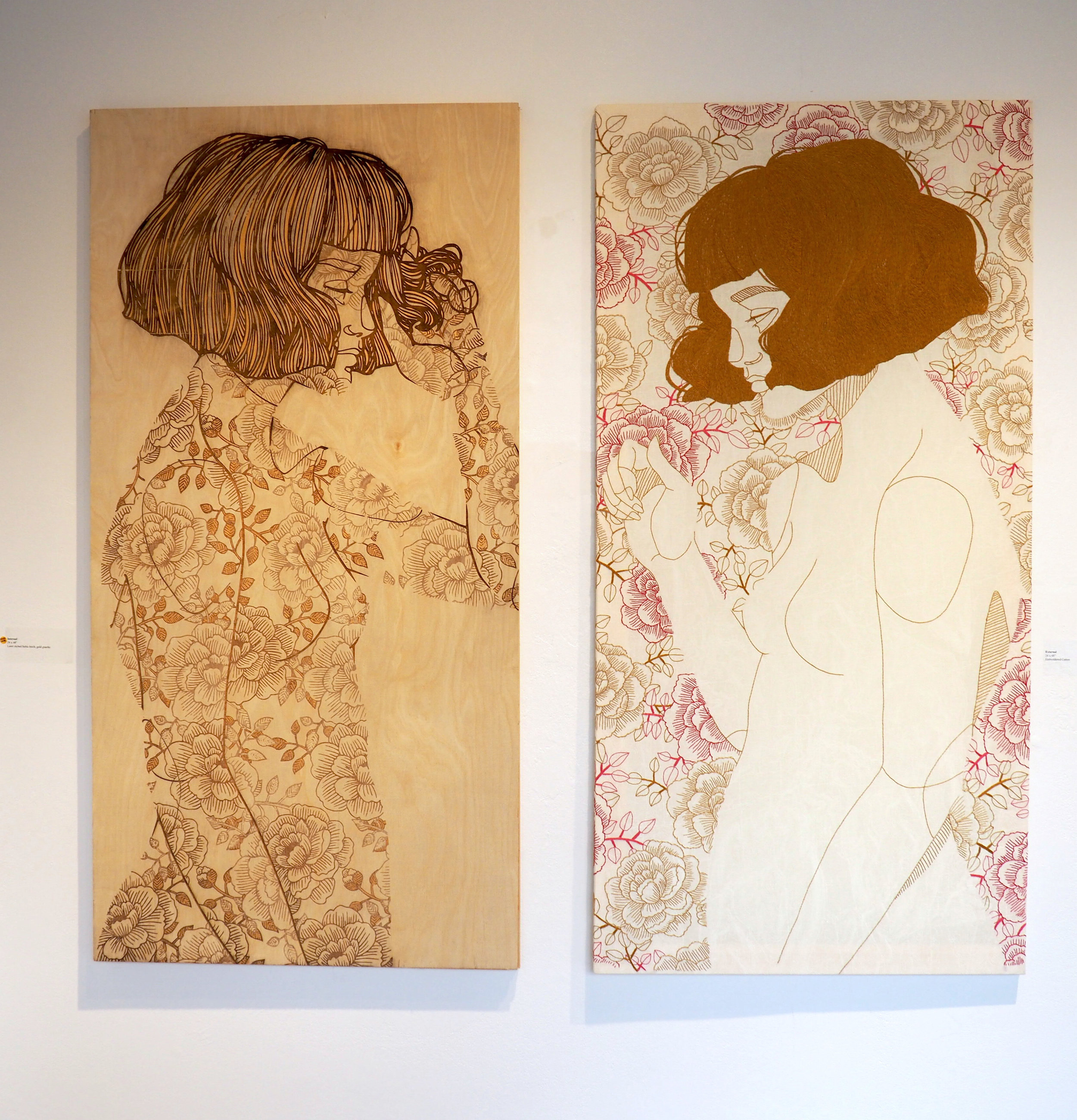 Internal and External. 24 x 48" each. Laser etched Baltic Birch, Embroidered Cotton. 2017.