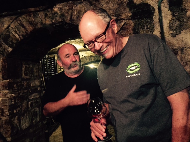 The vigneron and the importer, in the cellar in Pommard