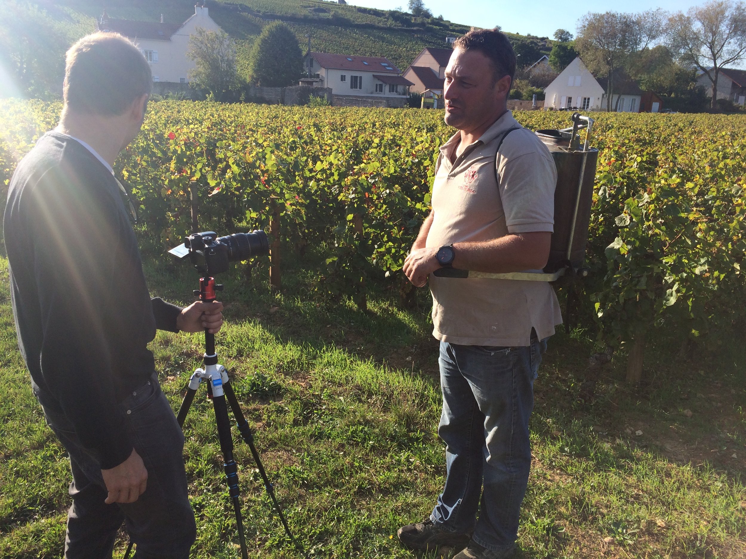 Shooting Thiébault Huber, spraying his biodynamic preparations in the Clos du Colombier in Pommard