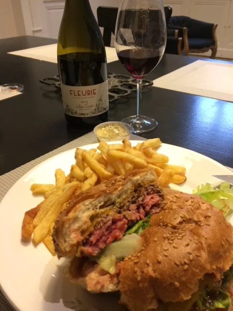 You can take the food trucks out of Portland, but you can't take Portland out of the food trucks. A killer burger from the " B Comme Burgui " truck, which hits Beaune every Friday night. And some killer Fleurie from Julien Sunier , of course!
