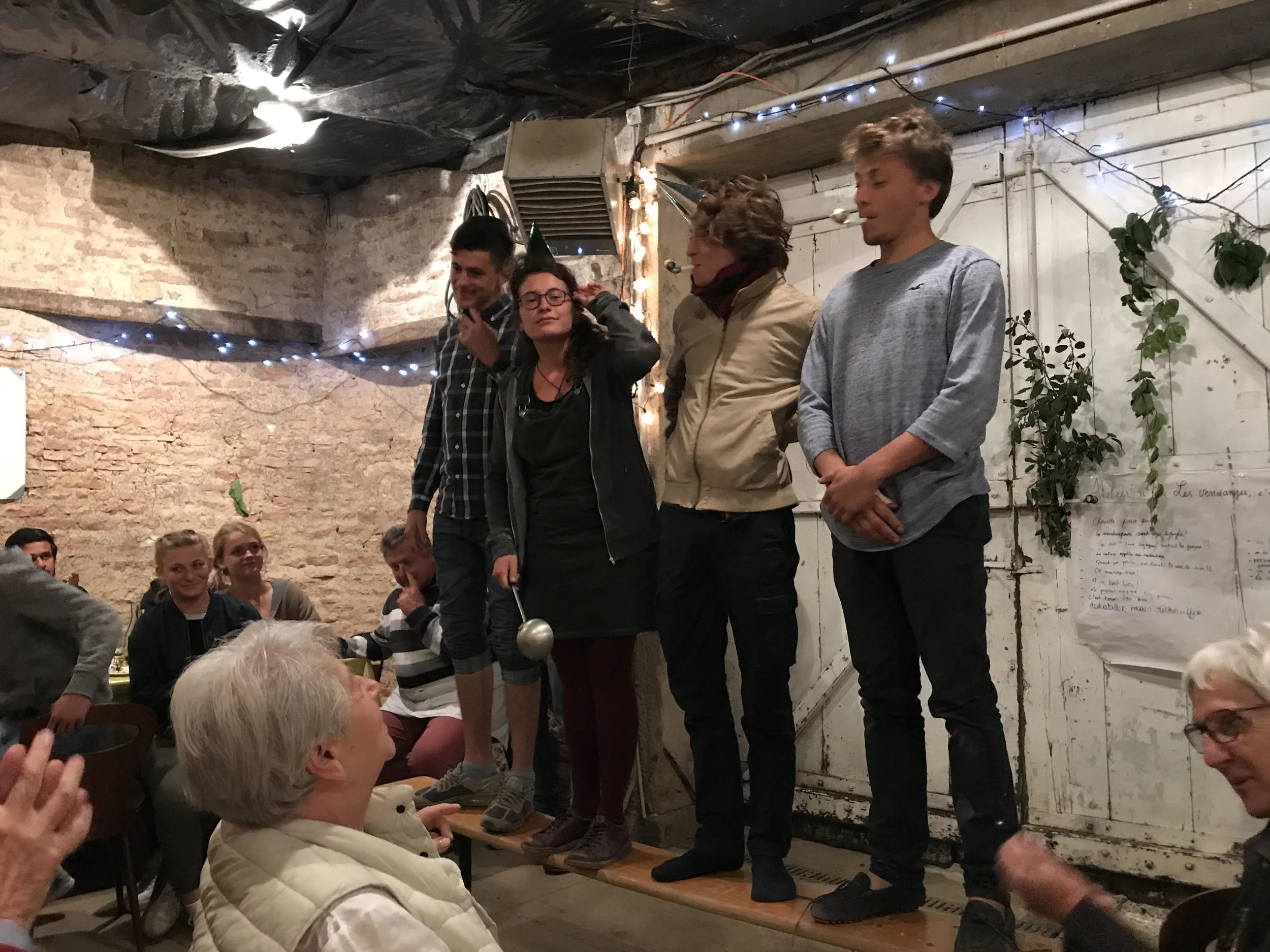 Some of the harvest crew putting on a skit at the Paulée, including Thiébault's son Matthieu at right...