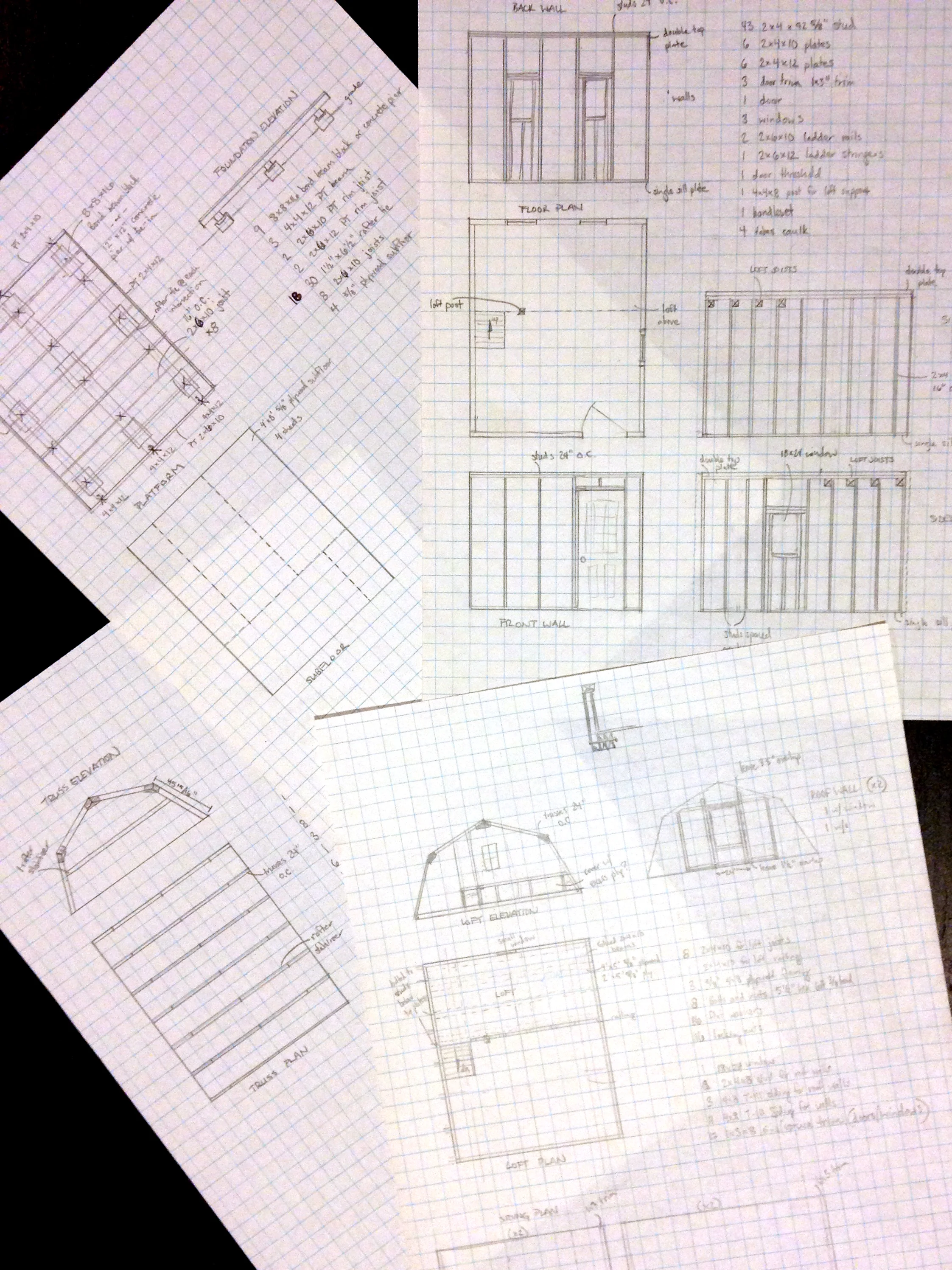 Four sheets of sketched plans for our build-from-scratch design. Mr. Powell, my high school architecture teacher, would cringe at my sloppy lines and poor lettering.