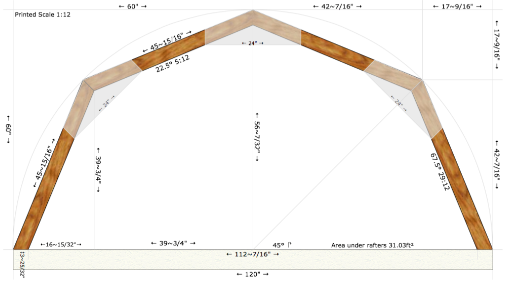 Part of our truss plans, including detailed measurements and angles for easy construction.