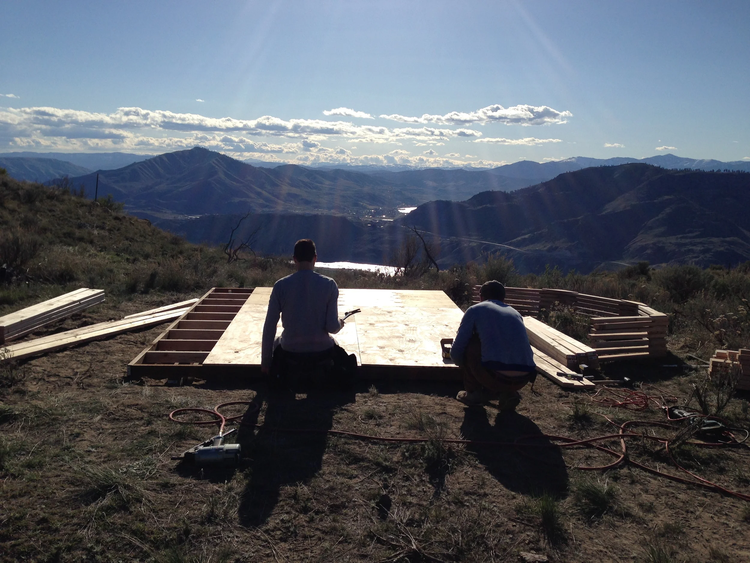 Subfloor goes down next, squaring up the platform in the process.