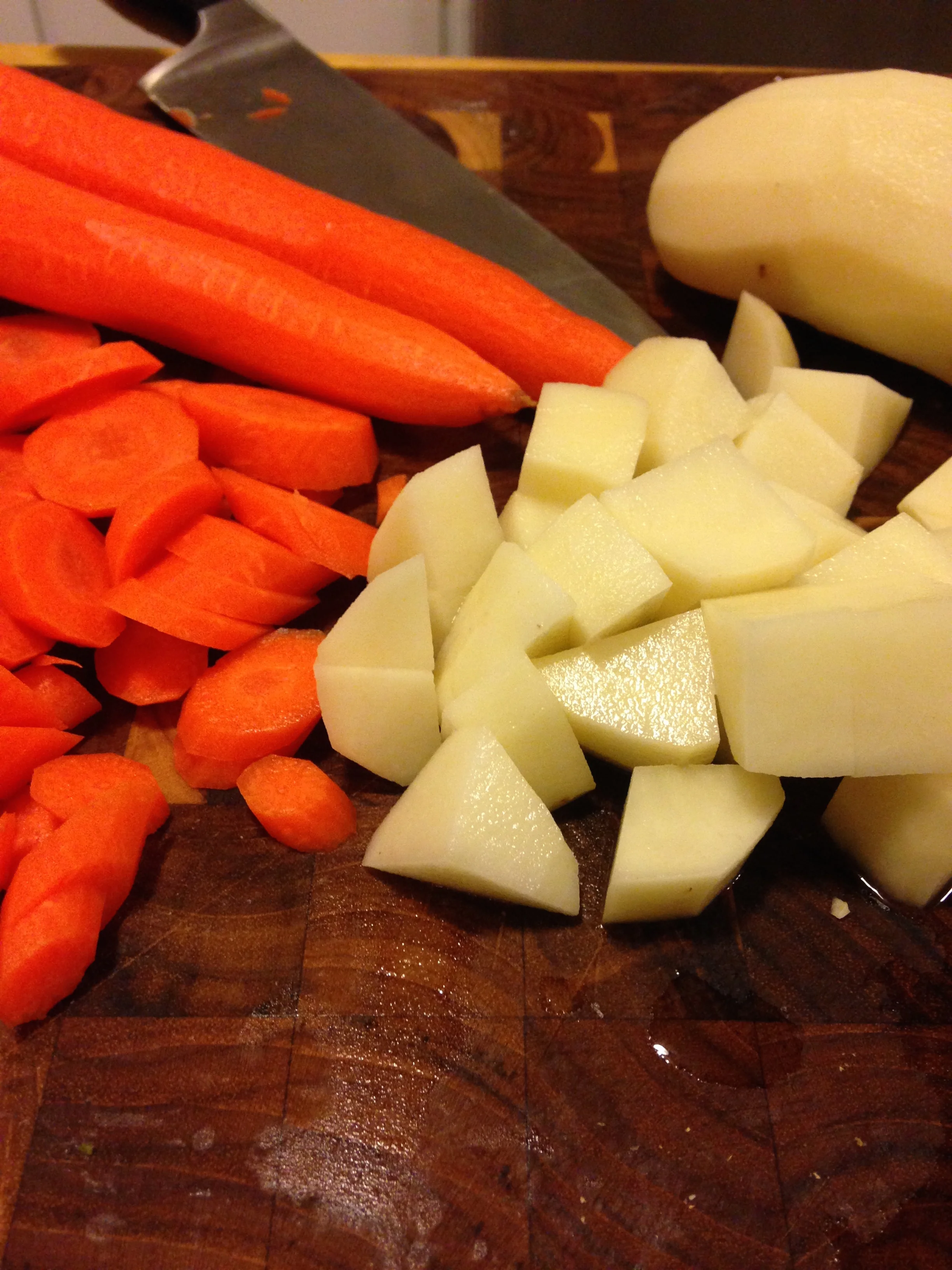 I peeled these potatoes absentmindedly, but leaving the skin on lends an earthier taste.