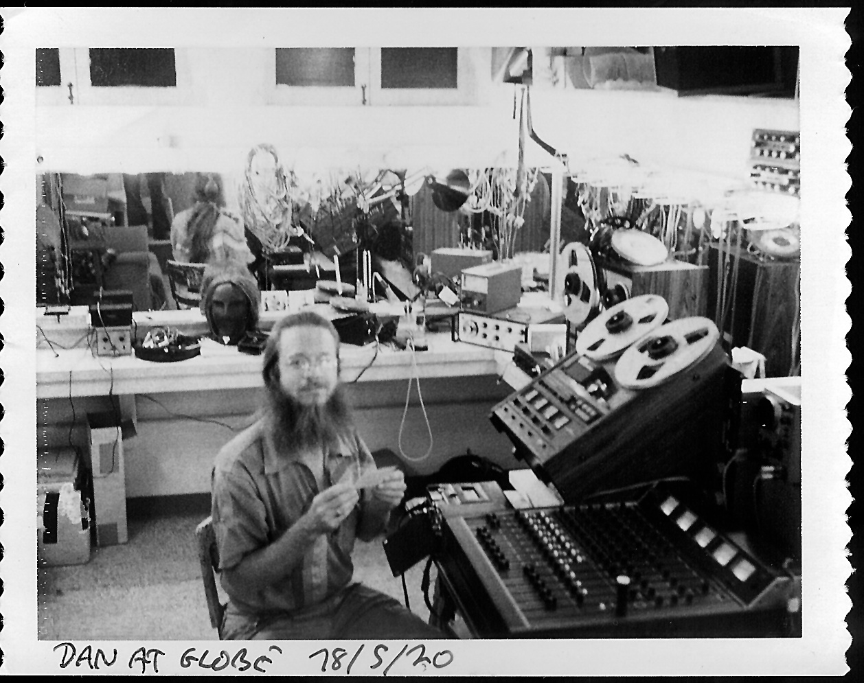 1978: Dugan prepares sound design materials in a dressing room at the Old Globe Theatre in San Diego. Photo republished from here . 