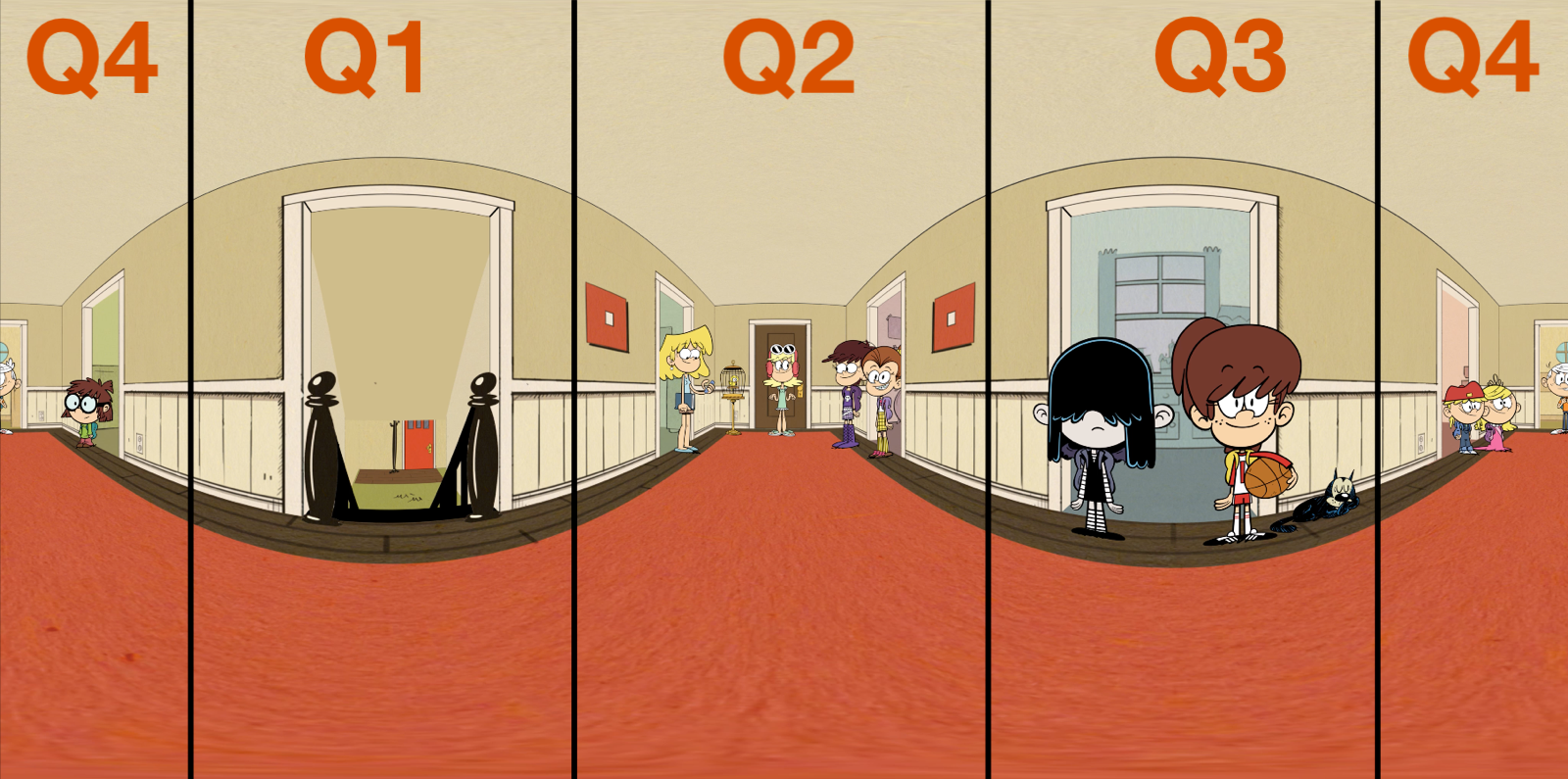 Unfolded video split into quadrants