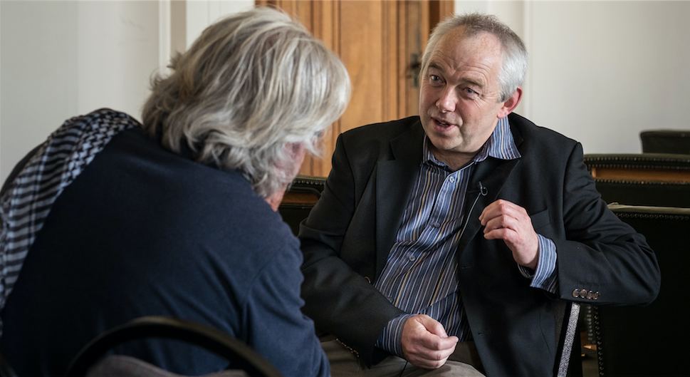National Library of Wales Curator Will Troughton speaking with Ffoton's Emyr Young
