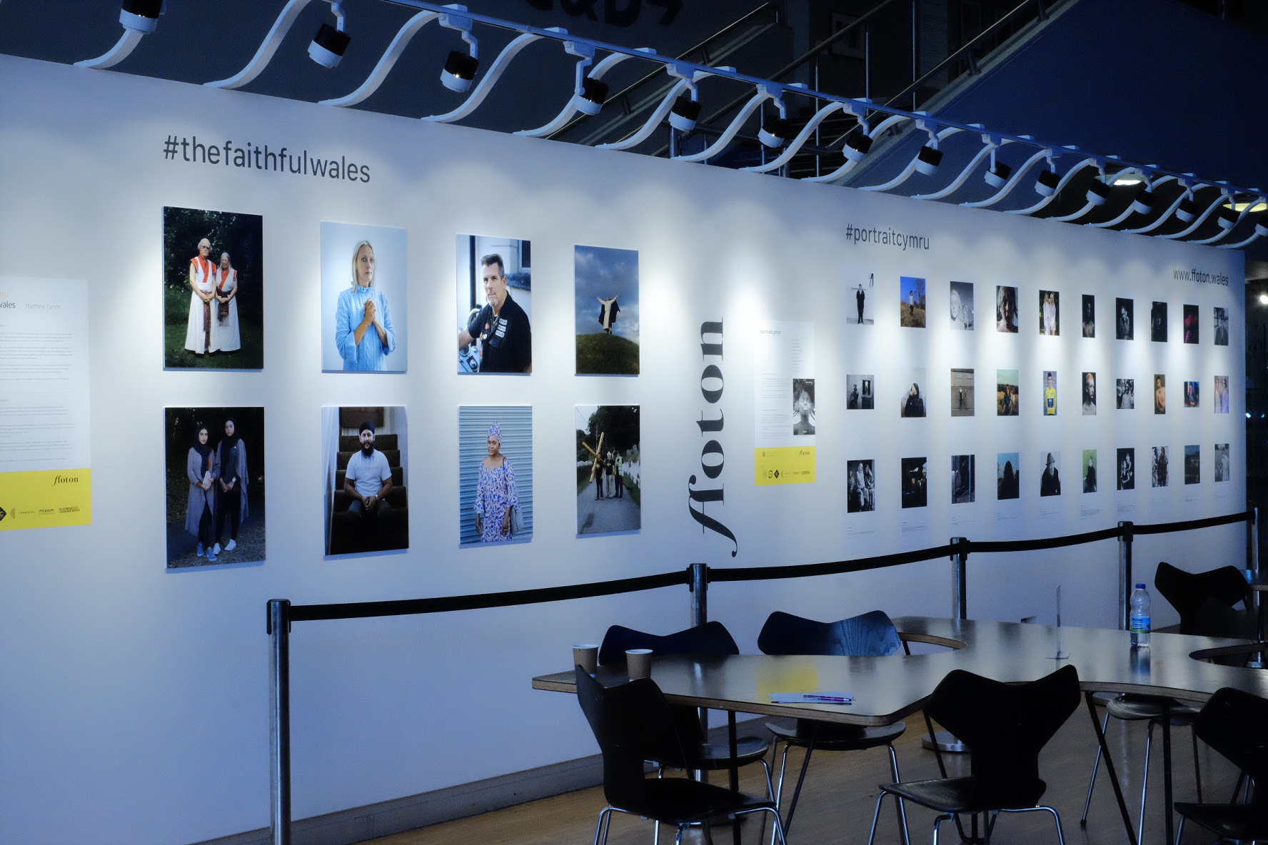 The #portraitcymru exhibition wall in Aberystwyth Arts Centre. Running 5-16 October 2018