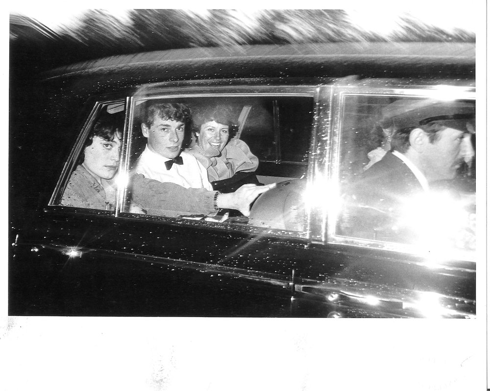 Natasha Fraser and Benjamin Fraser leaving a party at dawn given by John Aspinall at Port Lympne, 1981.