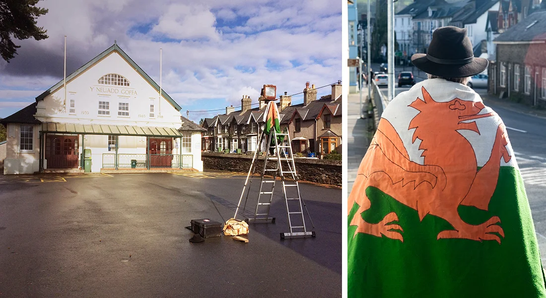 Left: Pete’s 10x8 plate camera setup on location in Penrhyndeudraeth, North Wales. And the man himself in his rather special camera black cloth.