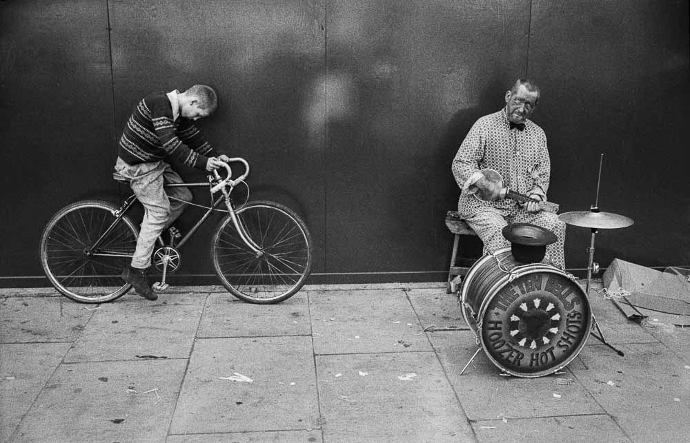 Street musician, Spitalfields, London, 1972