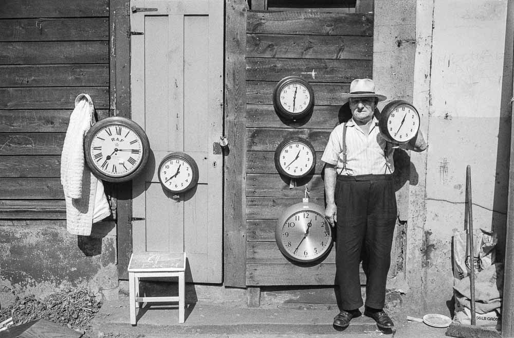 Clockseller, Cheshire street, Spitalfields, London, 1971
