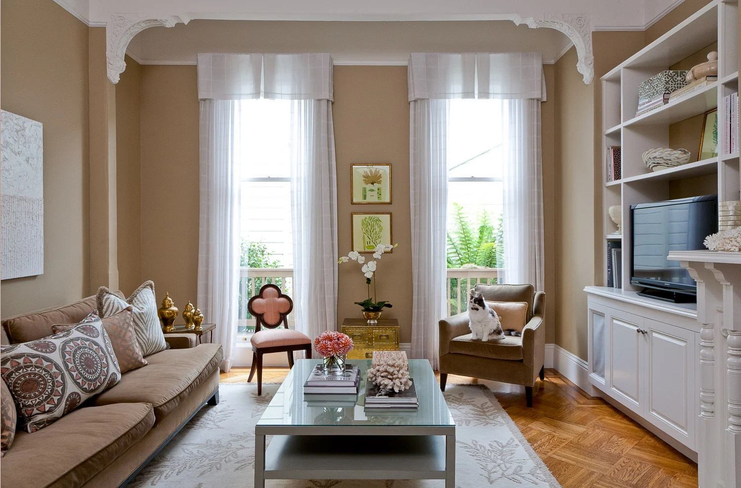 The family cat in the media room. - Kendall Wilkinson Design