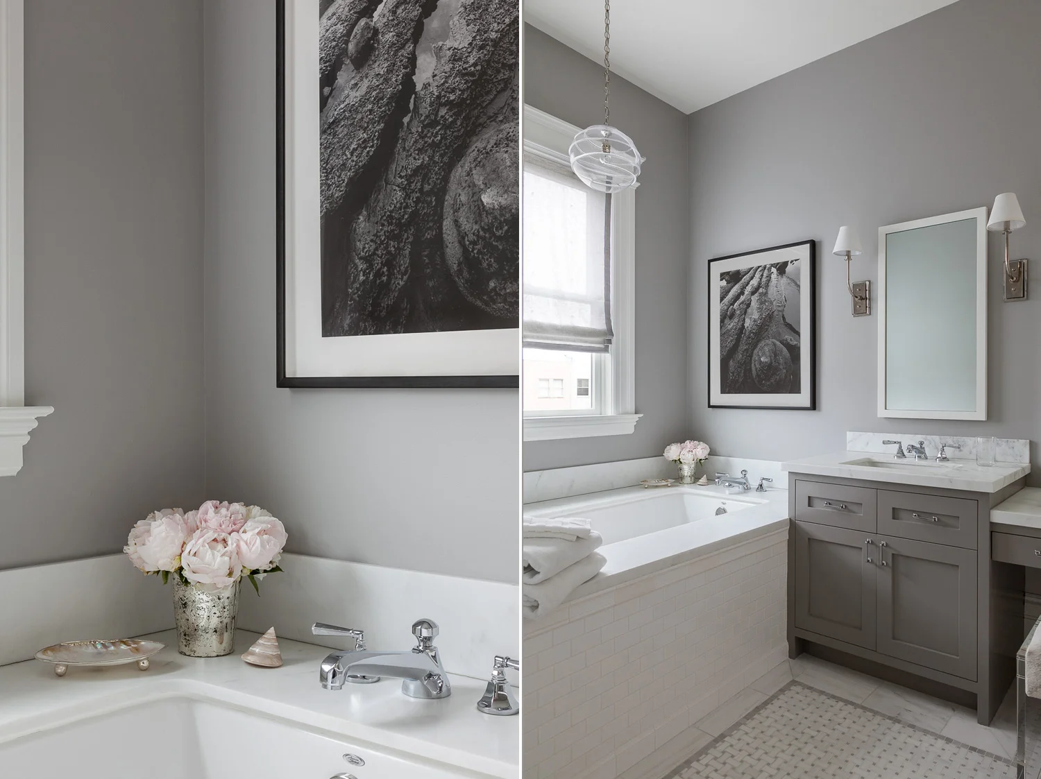 Gray and white bathroom with flowers