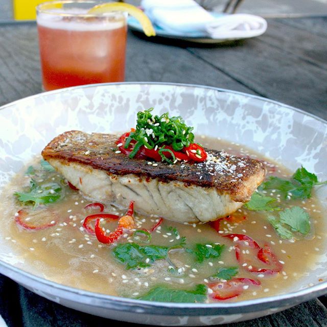 This fish is so delish. Favorite from the new menu. // Barramundi, herb mix, Fresno chili, sesame seeds, ginger citrus broth.