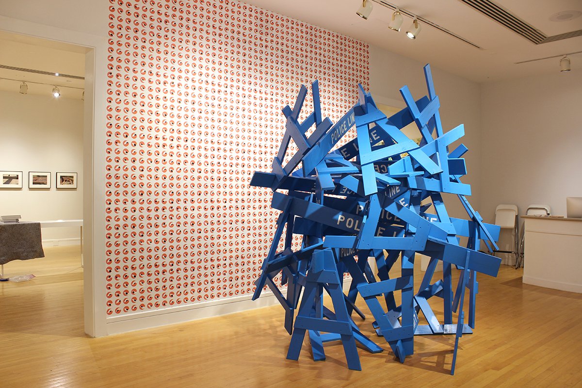  Police Lines, 2017-19. Wood &amp; paint, 96 x 96 x 96”   Homecoming: Art by Alumni , Davidson College 