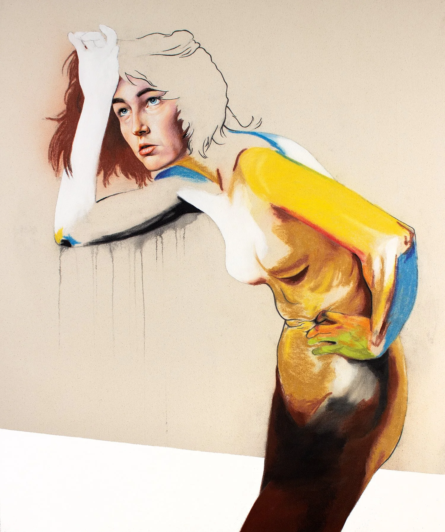   And Another Thing  2024. Colored pencil, chalk pastel, graphite, charcoal, and gesso on canvas, 45 × 37” 