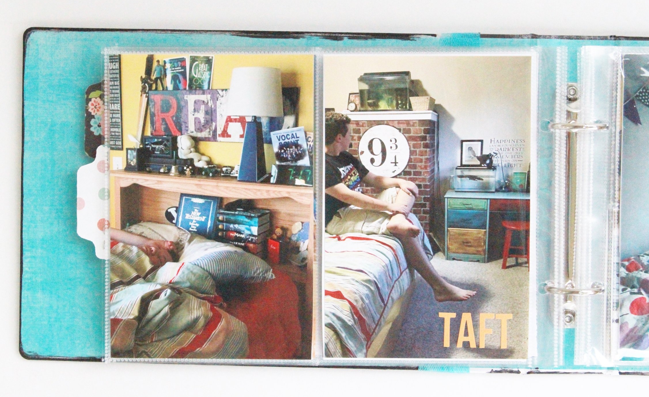 I designated the pages with 2, 4"x6" pockets for People in their Places . So, for my kids ... a photo of them in their room and another detail photo or another place altogether. 