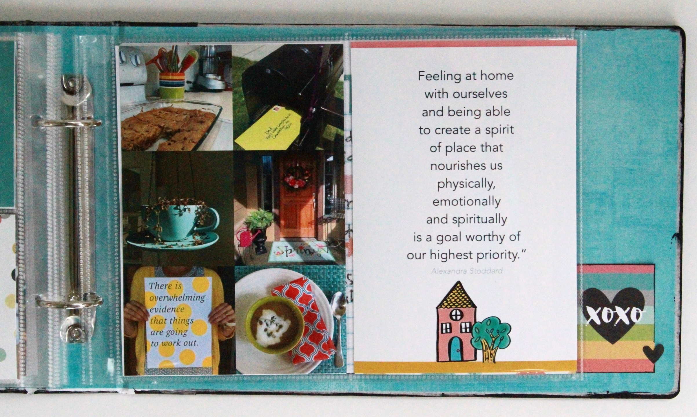 I used some extra 4"x6" pockets to hold photo collages that I created with the Project Life app . And, I created this CUTE quote card using the Rhonna Designs app as a little extra for girls in my class. 