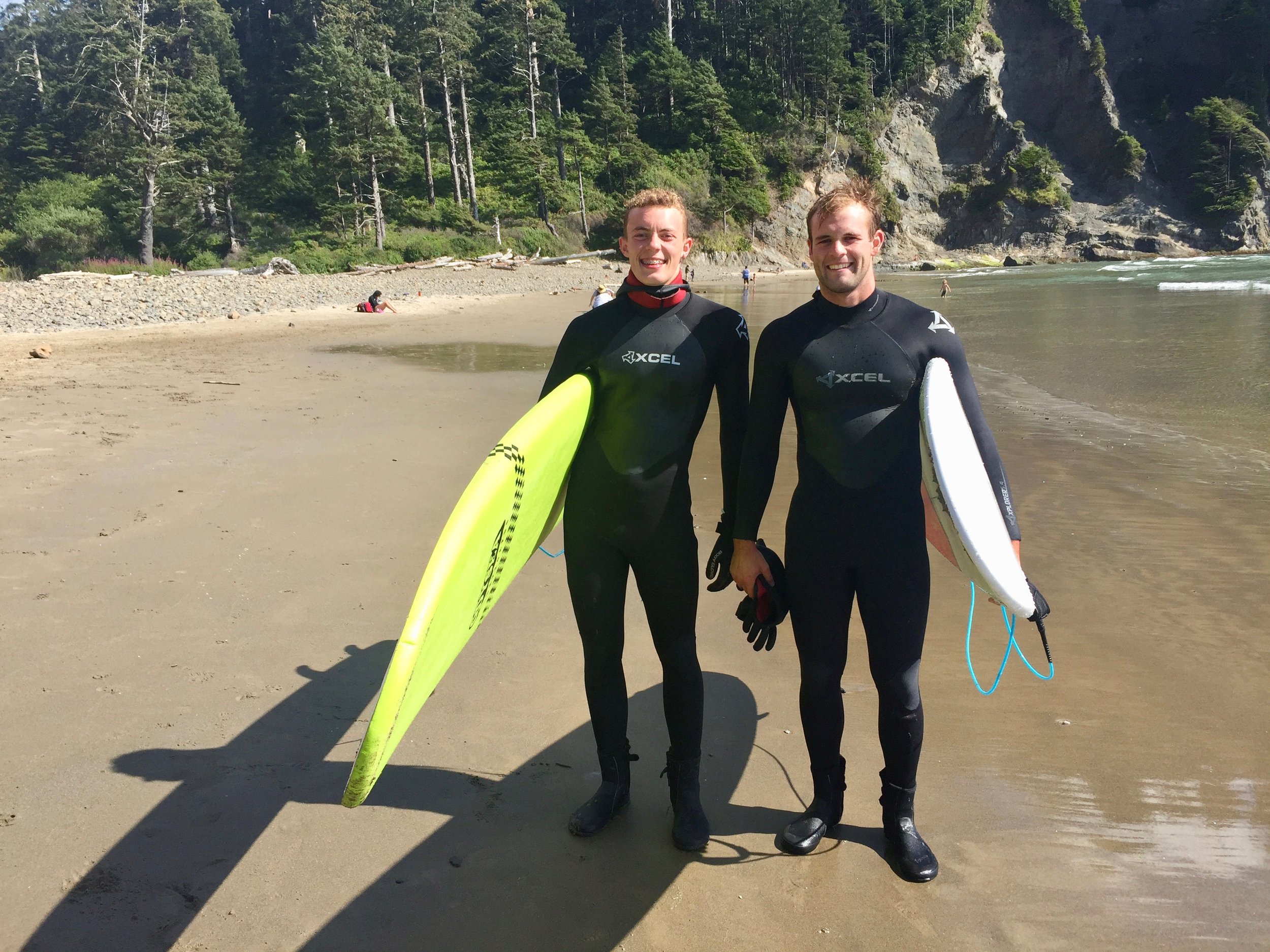 Photo taken August, 2016 on the beach at Seaside, Oregon. Clark (23) and Trey (17) spent several hours being schooled by the ocean!