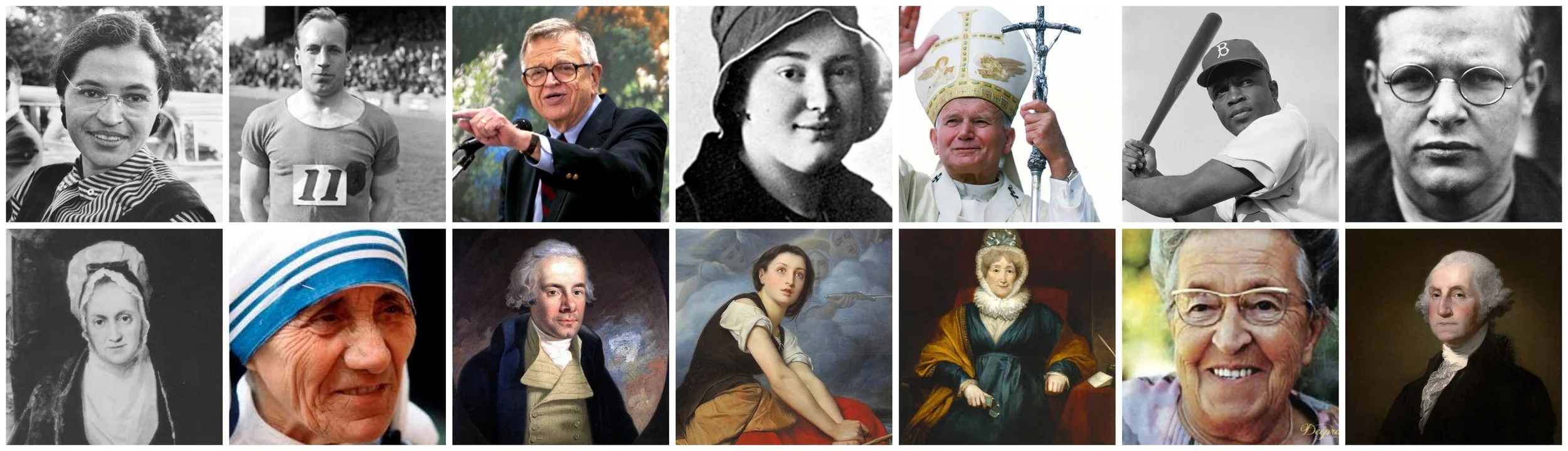 We're excited to learn more about these 14 incredible people: Rosa Parks, Eric Liddell, Charles Colson, Saint Maria of Paris, Pope John Paul II, Jackie Robinson, Dietrich Bonhoeffer, Suzanna Wesley, Mother Teresa, William Wilberforce, Joan of Arc, Hannah More, Corrie ten Boom, George Washington