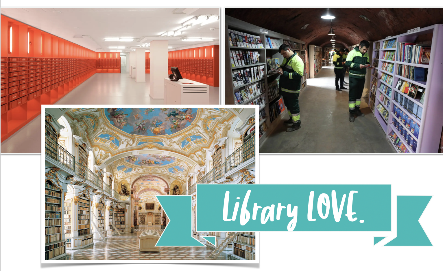 Pictured left to right: The library at the University of Amsterdam, the Admont Abbey library in Austria and a library of discarded books, built by garbage collectors in Ankara, Turkey. Learn more here.