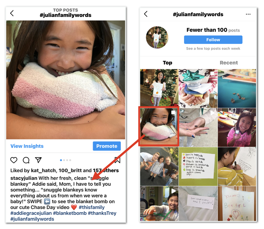 If you’re already sharing family moments on Instagram, all you have to do is add a unique hashtag to your posts to use your feed as a digital Family Words File.