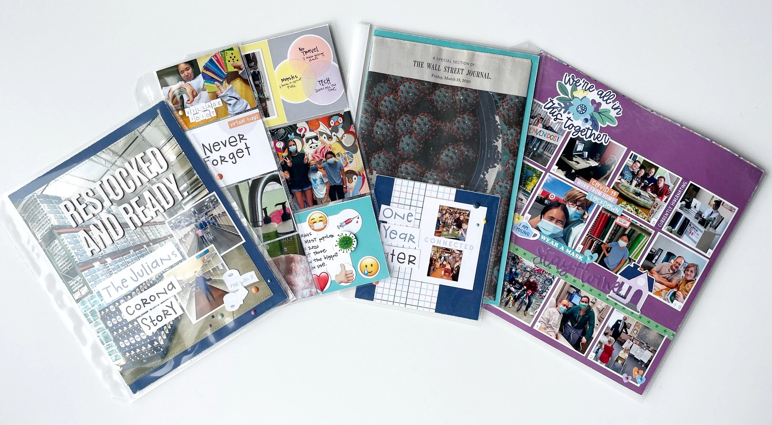 My Covid-19 Extended Story consists of a 2-sided 12x12 page, an 8.5 x 11 Flip Flap (could also be an 8.5 x 11 protector), a 6x4 pocket page, a 4x3 pocket page, a 6x6 page and an 8.5 x 11 page—all stacked up!