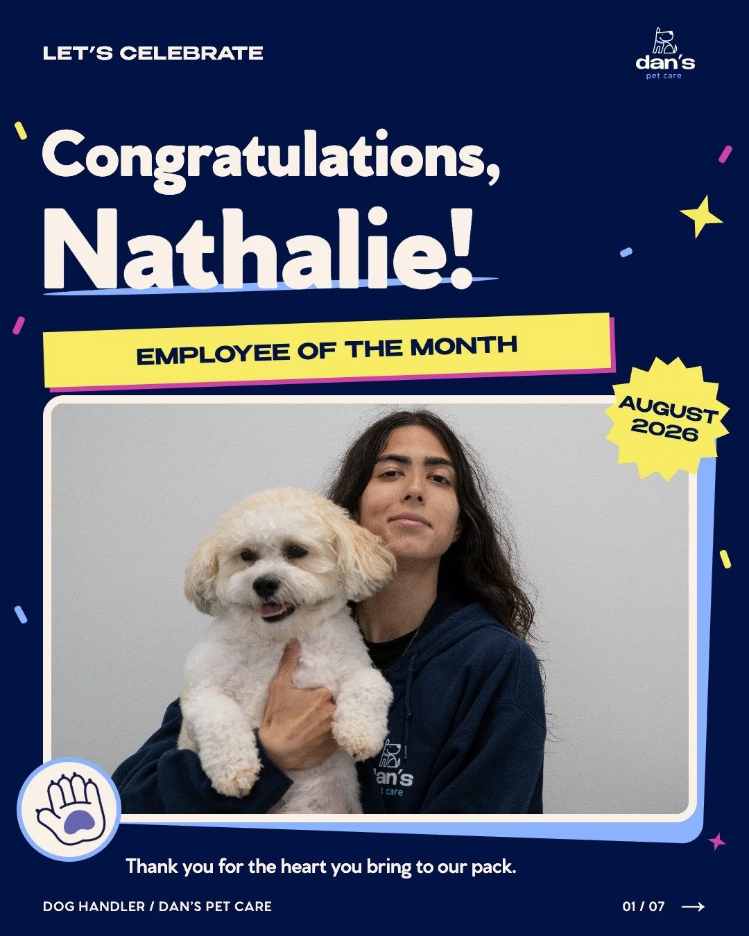 🏆 AUGUST EMPLOYEE OF THE MONTH: NATHALIE 🏆

Nathalie is a dog handler at our facility, and the thing she talks about first isn't the dogs. It's the people. She says what she loves most is working alongside people who care as much as she does about 