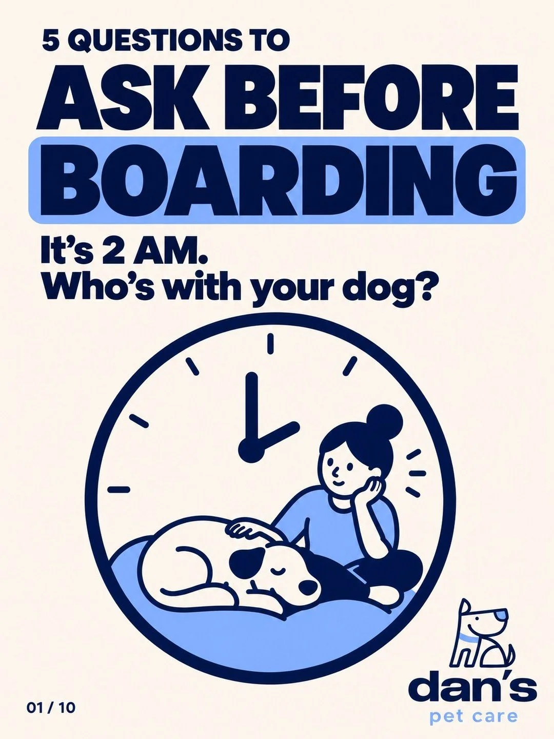 It's 2 AM. Who's with your dog?

Most pet parents tour a boarding facility during the day. Bright lights, wagging tails, staff everywhere. It looks great &mdash; because at 2 PM, almost every place looks great.

The real question is what happens twel