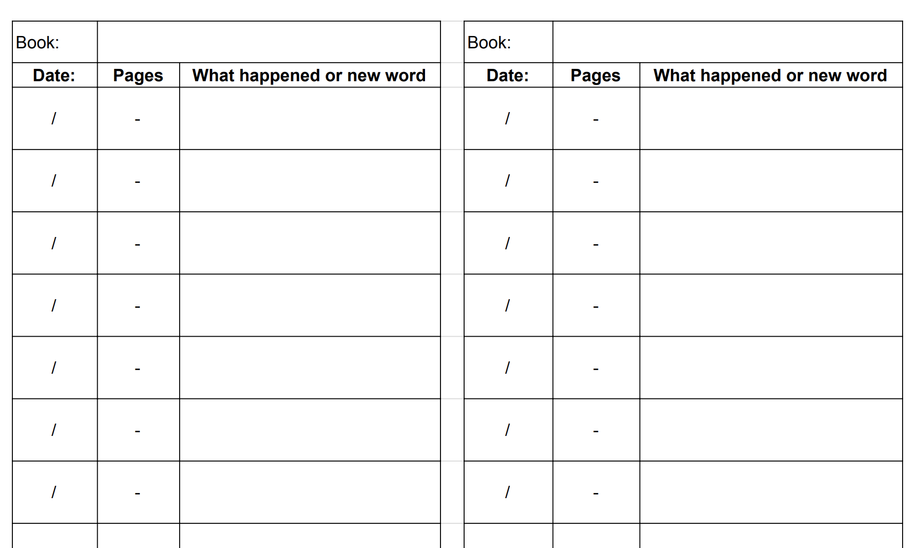 Reading Log Worksheet (Elementary & Middle School)