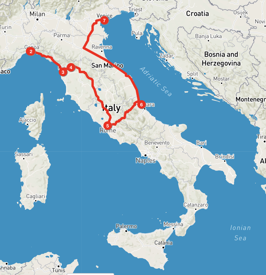 Brief Map of the Italian tour
