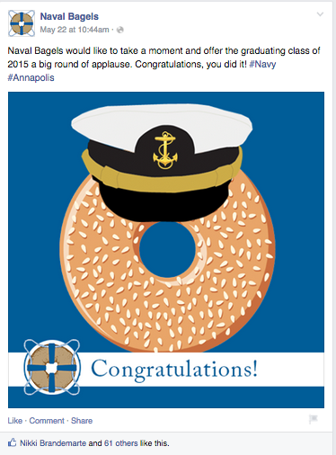  This post was for a bagel shop located near the Naval Academy. I wanted to tie in the local happenings (graduation) in a fun way to the bagel shop.&nbsp; 