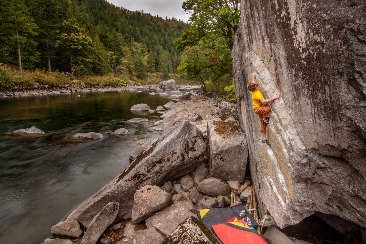 bouldering above the Skykomish River in Index, WA.