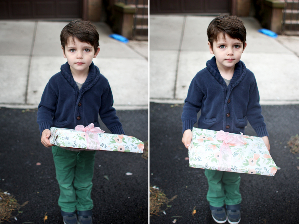  Everett insisted on carrying the present. Handling it carefully, he took deliberate and tiny steps from the door to the car and wanted it to stay on his lap for the whole drive.