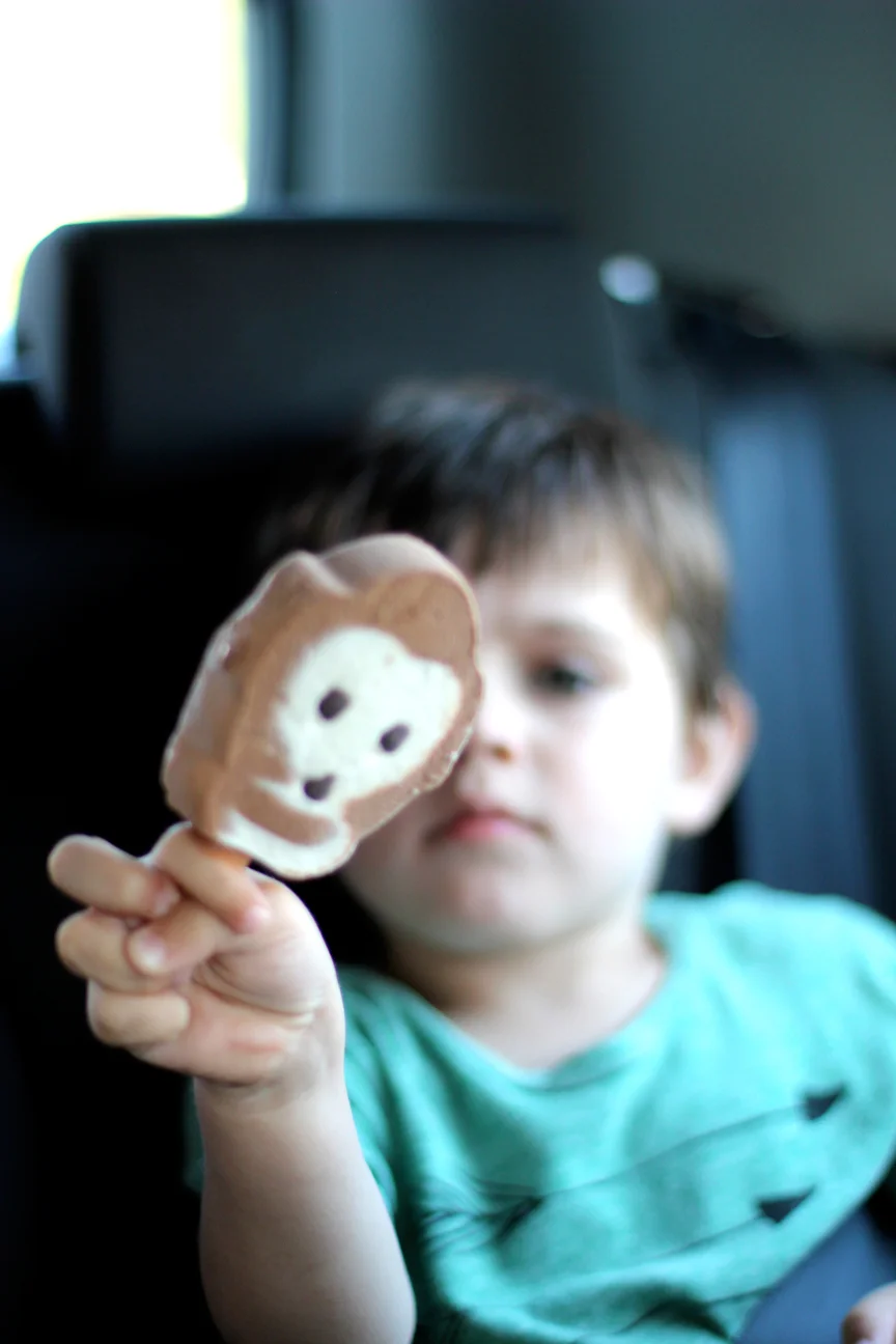Until we could eventually distract him with " Monkey Ice Cream ." Every evening on our way back to Dina and Noulis's to play with " the cunins" and have dinner, we'd stop for Monkey Ice Cream to eat on the way. 