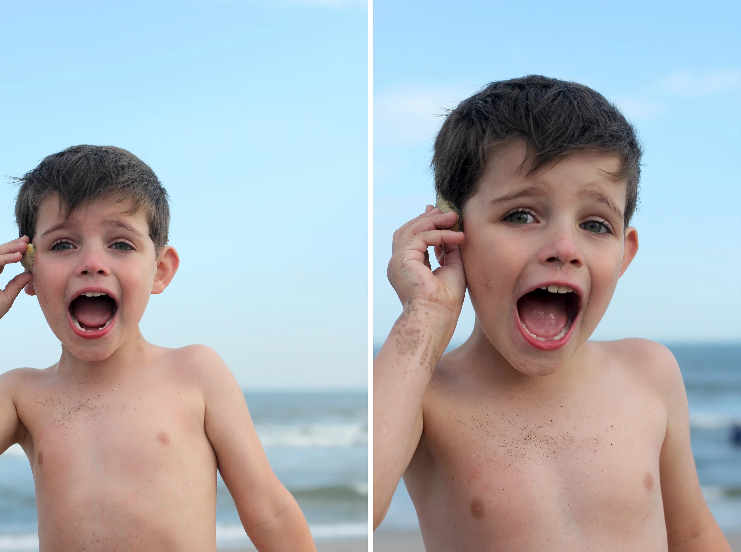Everett found shells to hear the ocean, but he must have gotten confused somewhere along the way, because every time he put it up to his ear, he proceeded to yell as loud as he can.