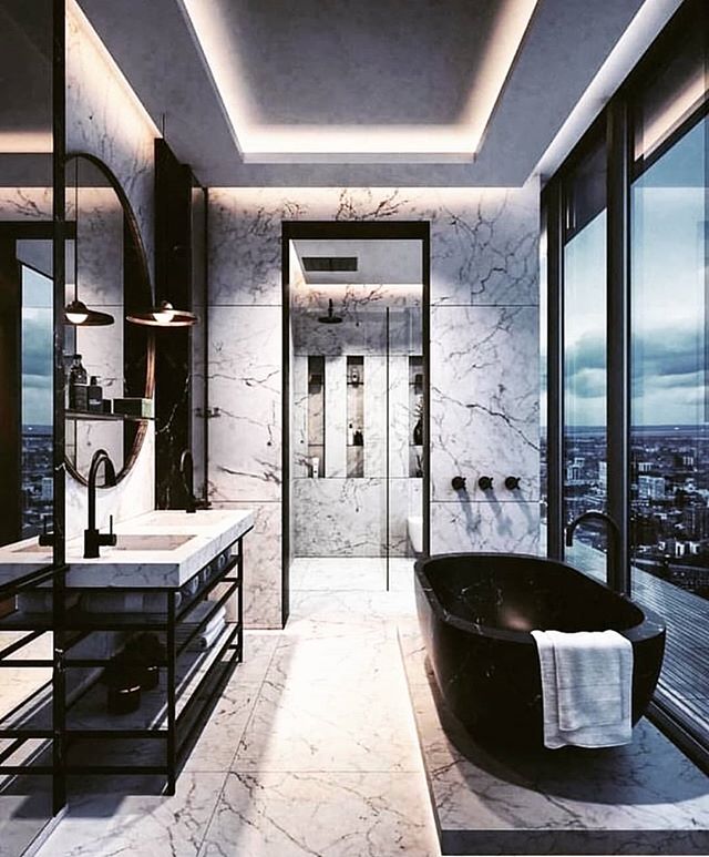 Marble and Accent Lights. Black &amp; White. Nothing Sexier!! Who wants to take a hot bath right now? I know right!! #remaxgrand #remaxgrandlll #theblvddotinfo #myhouseidea #architecture #design #vision
