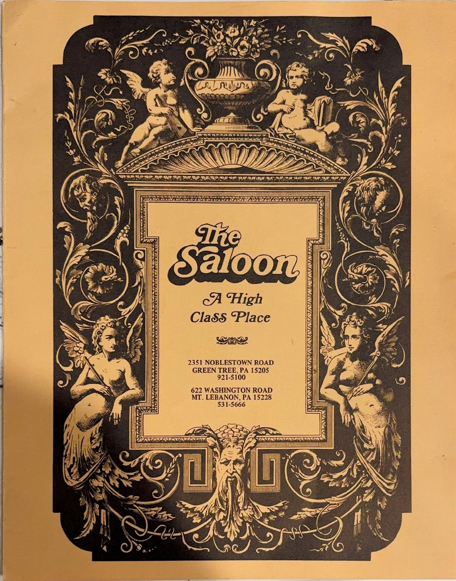 Cover of an early Saloon menu reading 'The Saloon, A High Class Place,' with addresses for Green Tree (2351 Noblestown Road) and Mt. Lebanon (622 Washington Road)