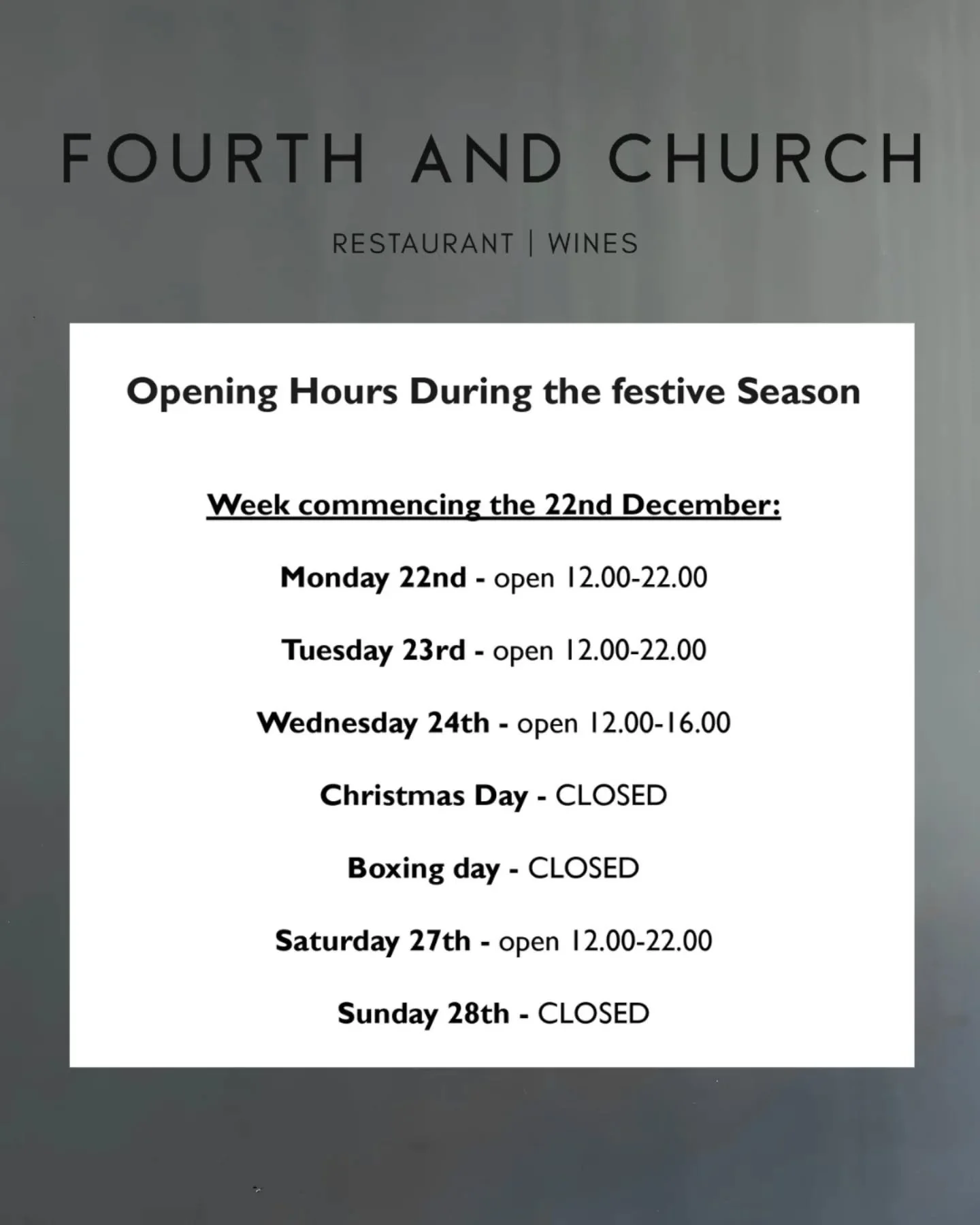 Opening hours for the festive season! 

Please be aware that we are closed from Sunday 4th January for our annual break 

We will open again as a restaurant 5pm Tuesday 13th January, refreshed and revitalised!