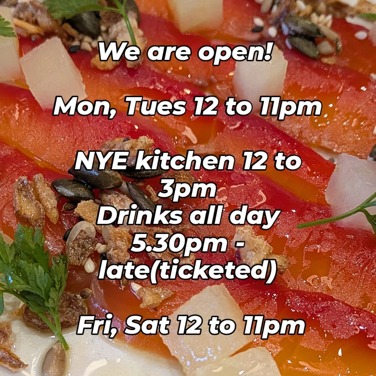 Week commencing the 29th December: 

Monday 29th -12.00*-23.00
Tuesday 30th -12.00*-23.00

New Year&rsquo;s Eve- Kitchen open 12.00*-15.00, drinks all day. From 17.00 - late (ticketed event with three tables left! Email mail@fourthandchurch.co.uk for