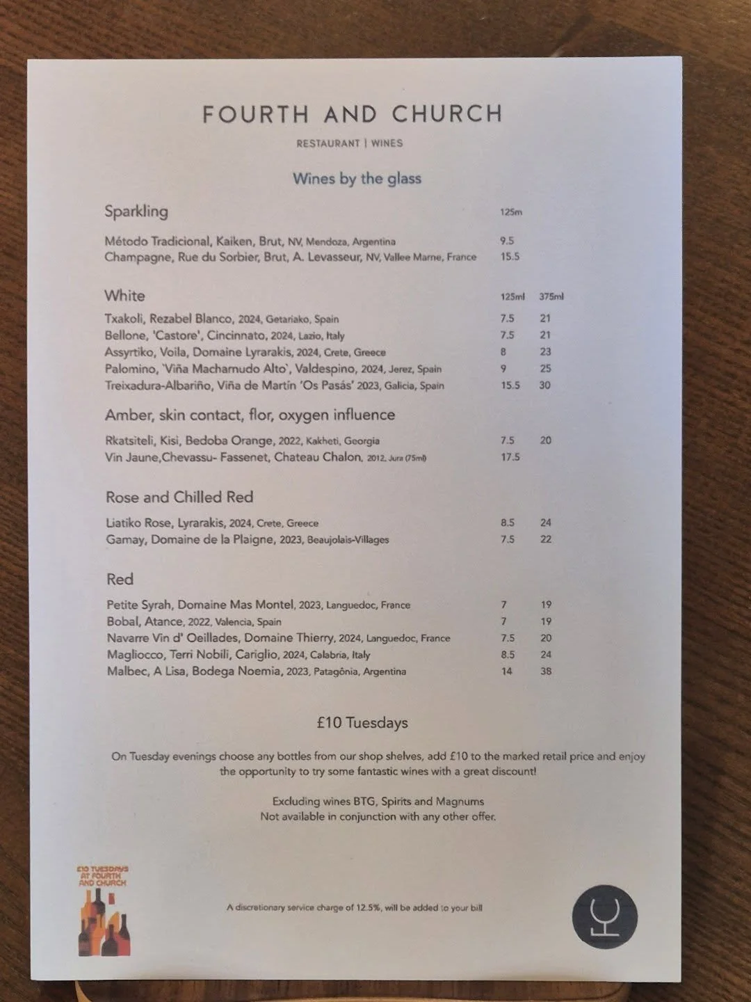 TUESDAYS at Fourth and Church.

A great By The Glass list if you want to keep it simple.
However if you want to try and special bottle from our shelves, look for the retail price on the bottle, add &pound;10 and grab yourself a bargain! 

Only on Tue