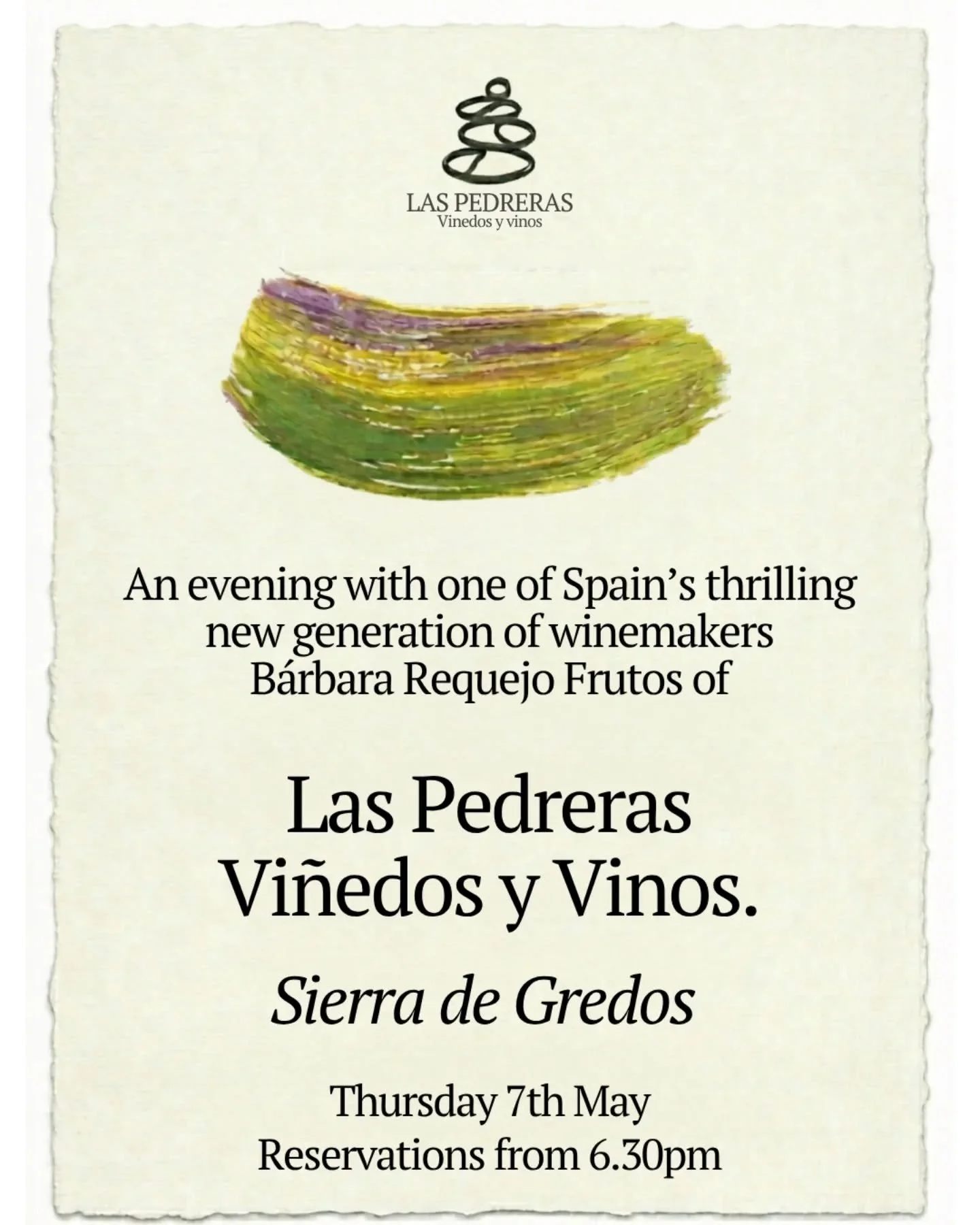 Following on from our visit to Las Pedreras last year, we are very excited to secure winemaker  B&aacute;rbara Requejo Frutos for an evening with us in Hove next month. 

Her exciting new project in the Sierra de Gredos, high in the mountain range an